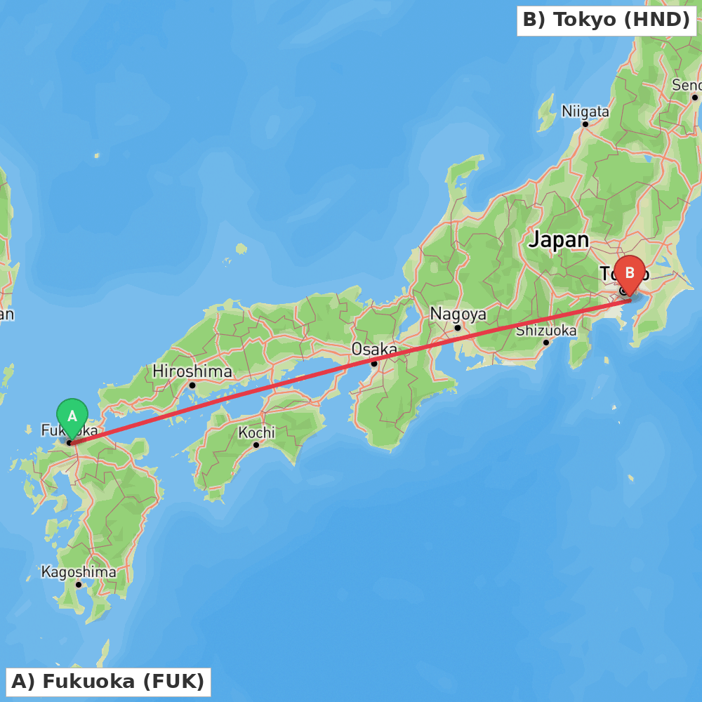 Flight route map from Fukuoka to Tokyo