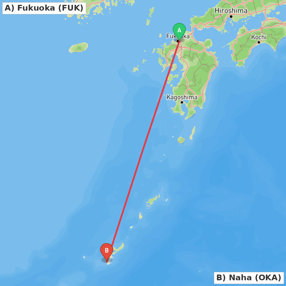Flight route map from Fukuoka to Naha