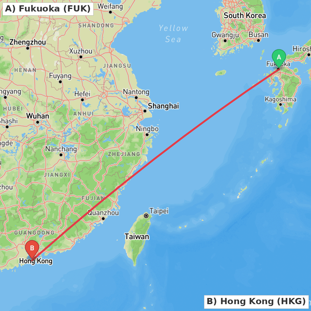 Flight route map from Fukuoka to Hong Kong