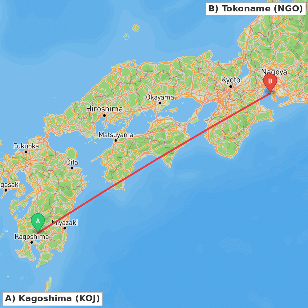 Flight route map from Kagoshima to Tokoname