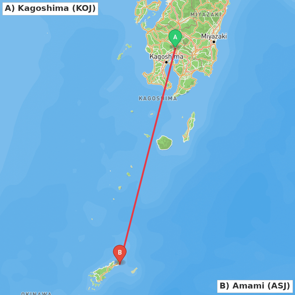Flight route map from Kagoshima to Amami