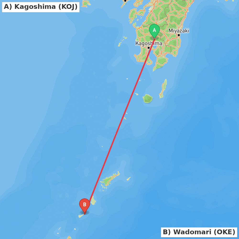 Flight route map from Kagoshima to Wadomari
