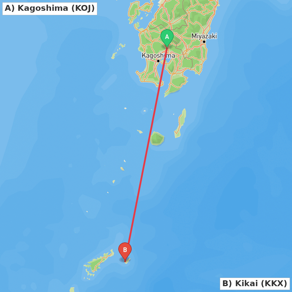 Flight route map from Kagoshima to Kikai