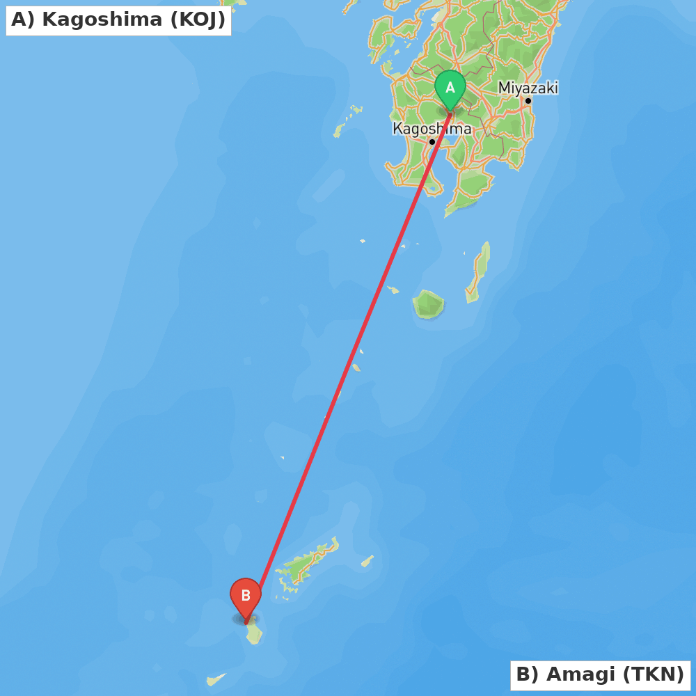 Flight route map from Kagoshima to Amagi