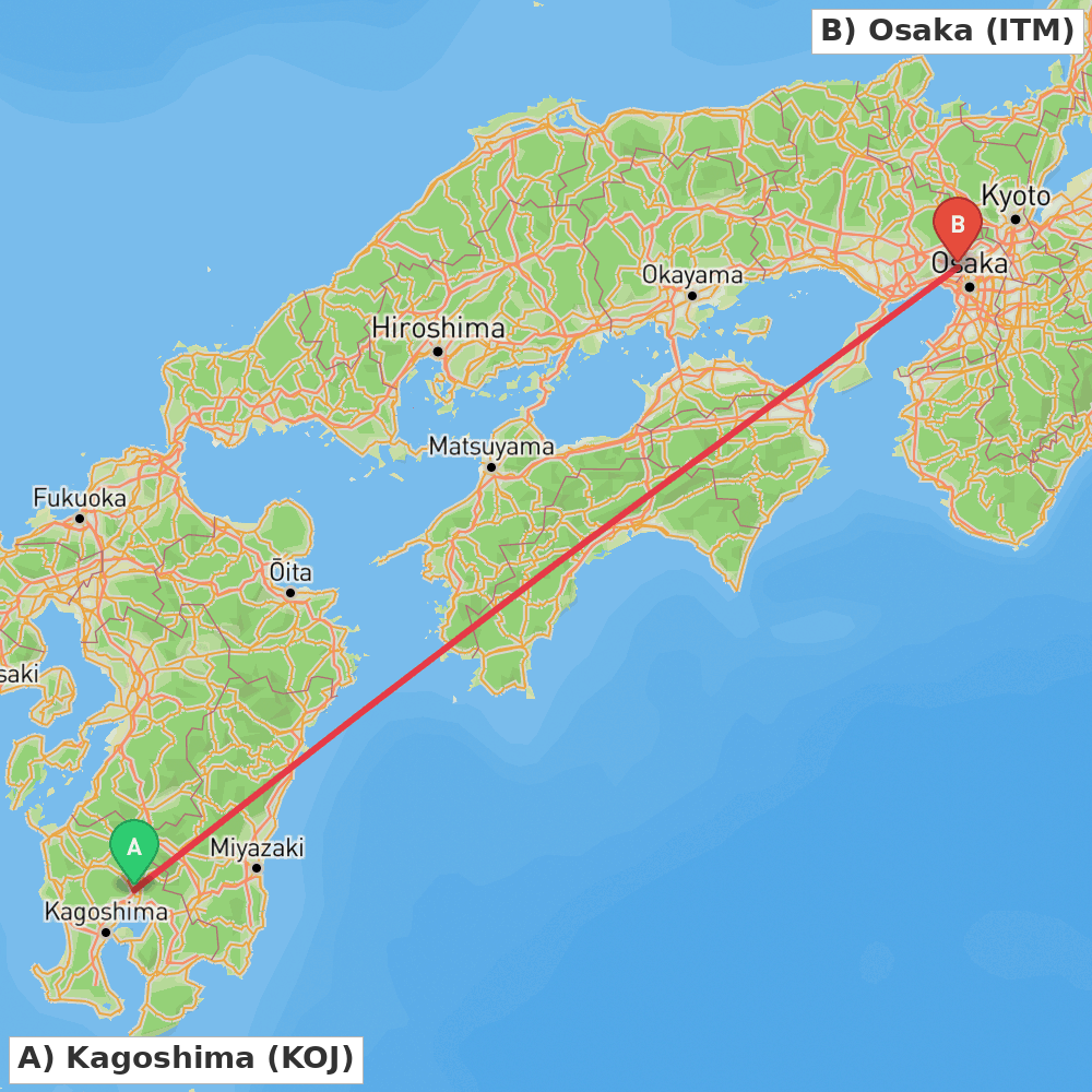 Flight route map from Kagoshima to Osaka