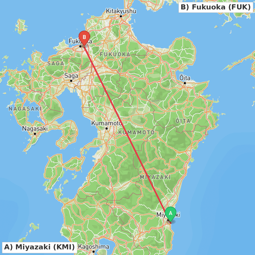 Flight route map from Miyazaki to Fukuoka