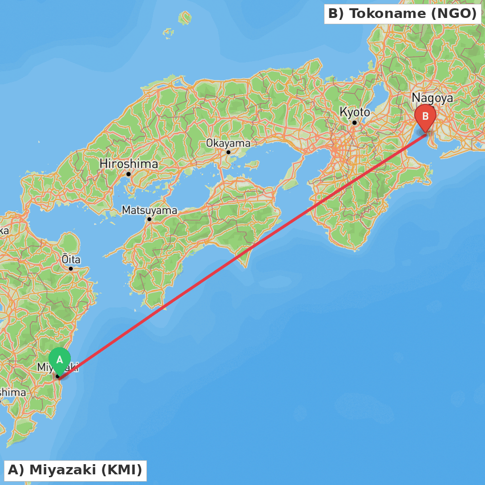 Flight route map from Miyazaki to Tokoname