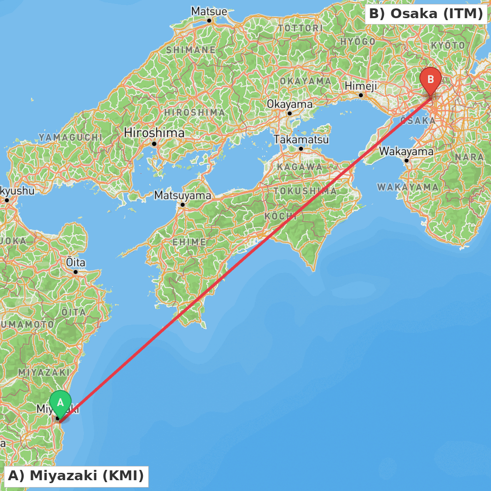 Flight route map from Miyazaki to Osaka