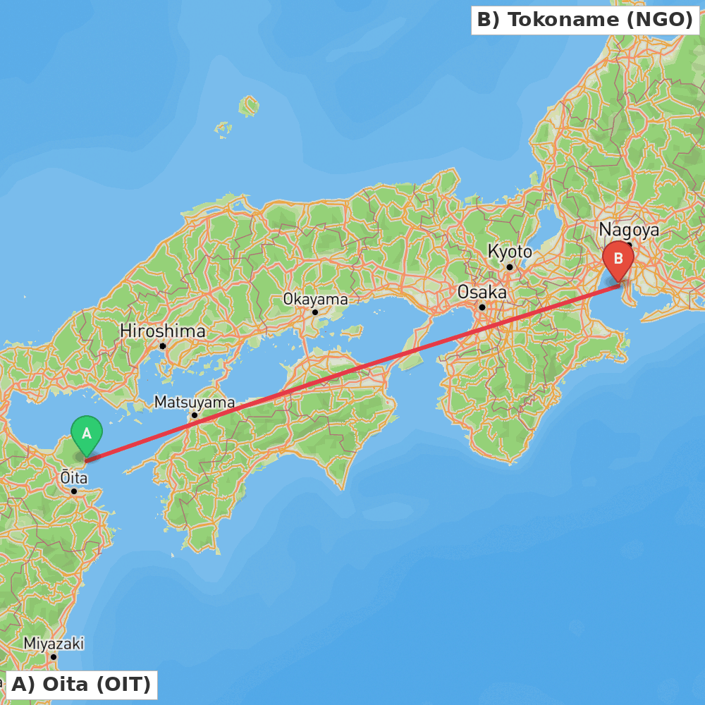 Flight route map from Oita to Tokoname