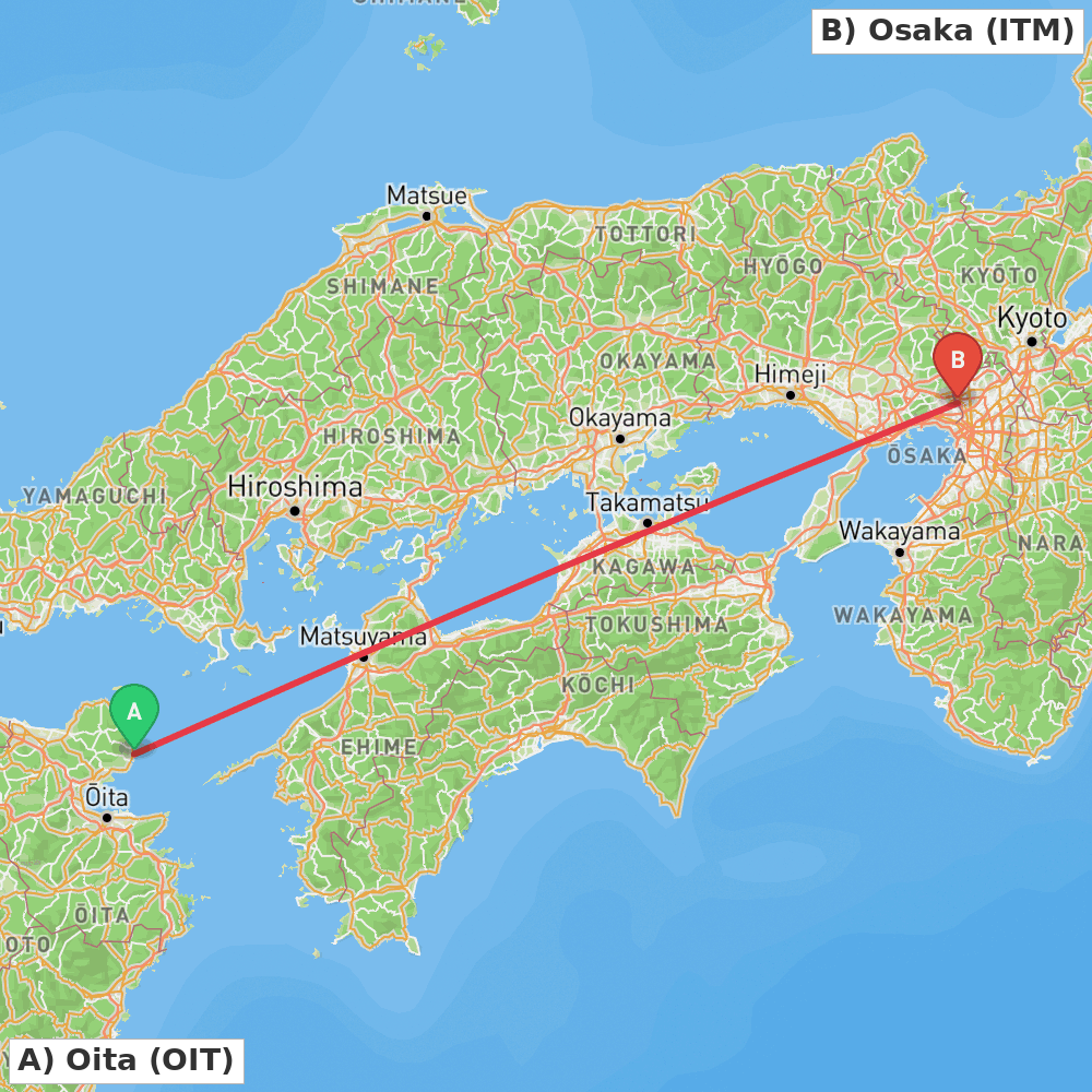 Flight route map from Oita to Osaka