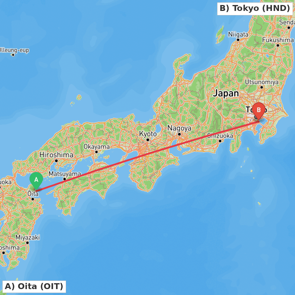 Flight route map from Oita to Tokyo