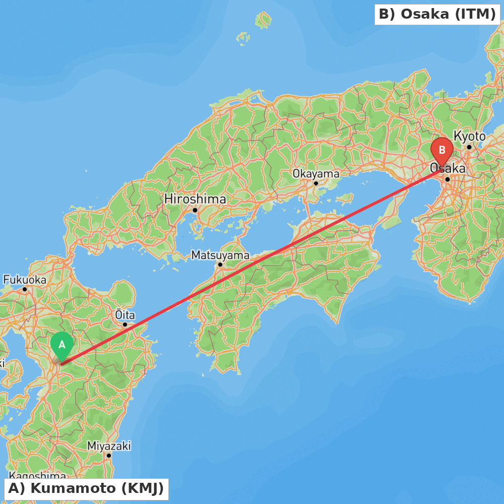 Flight route map from Kumamoto to Osaka