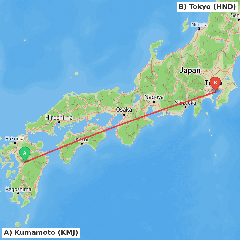 Flight route map from Kumamoto to Tokyo