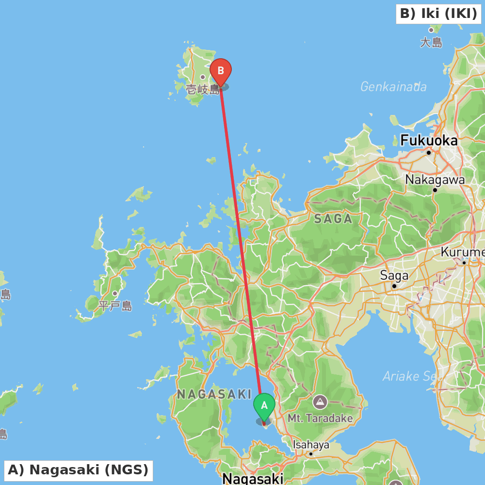 Flight route map from Nagasaki to Iki
