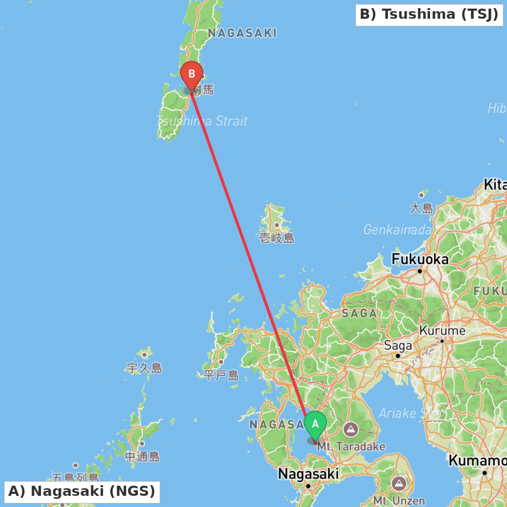 Flight route map from Nagasaki to Tsushima