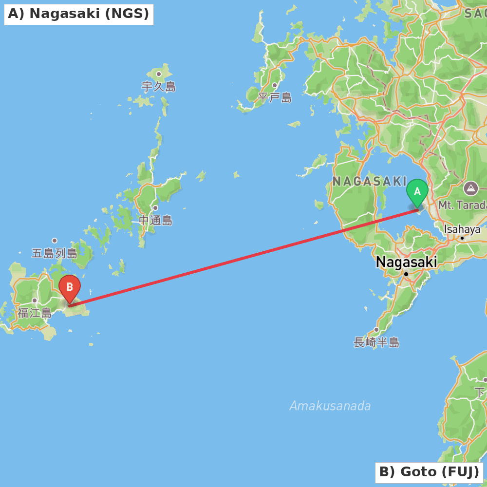 Flight route map from Nagasaki to Goto