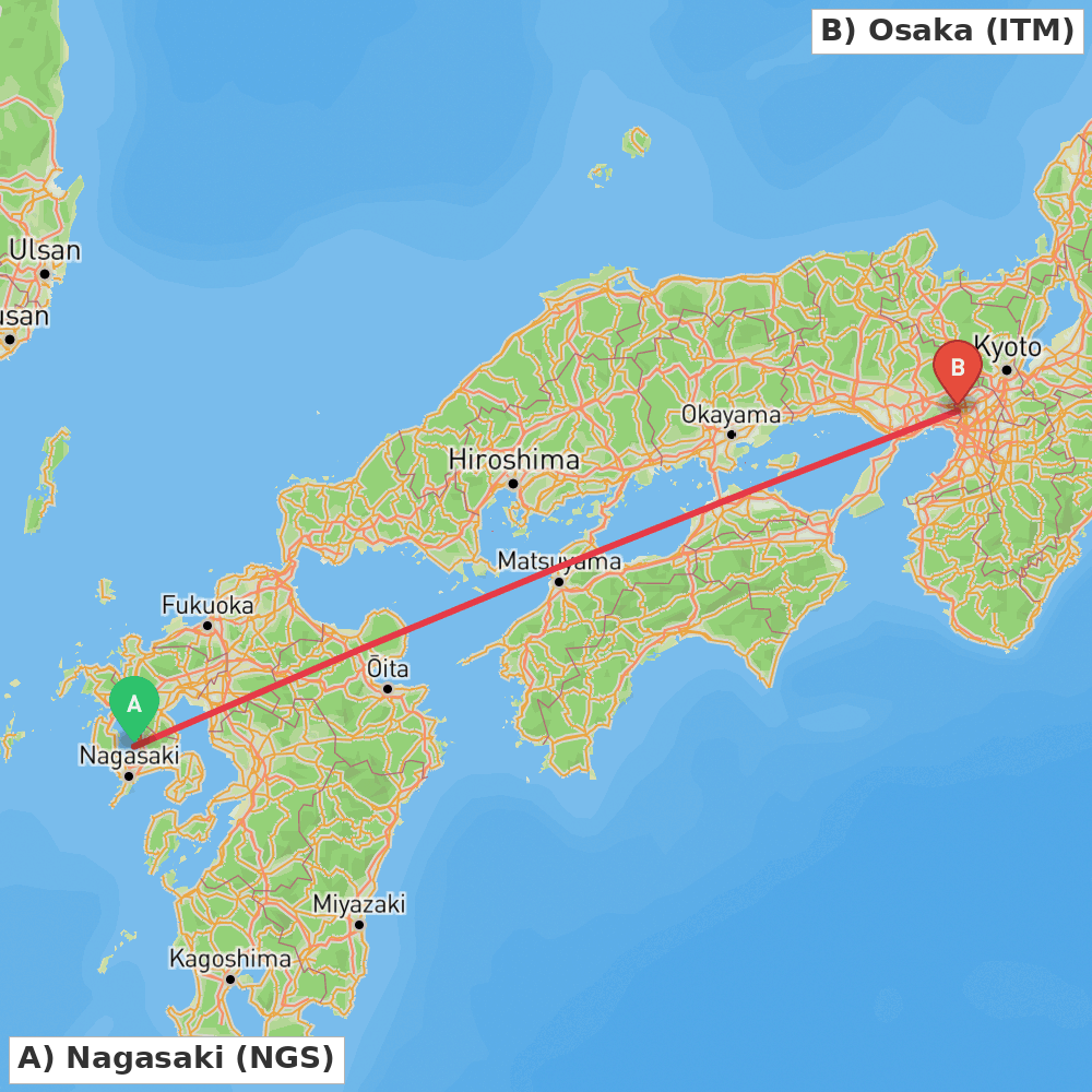 Flight route map from Nagasaki to Osaka