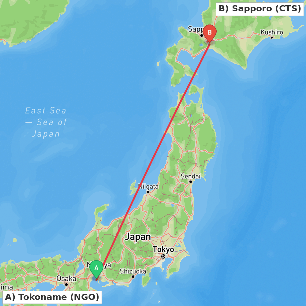 Flight route map from Tokoname to Sapporo