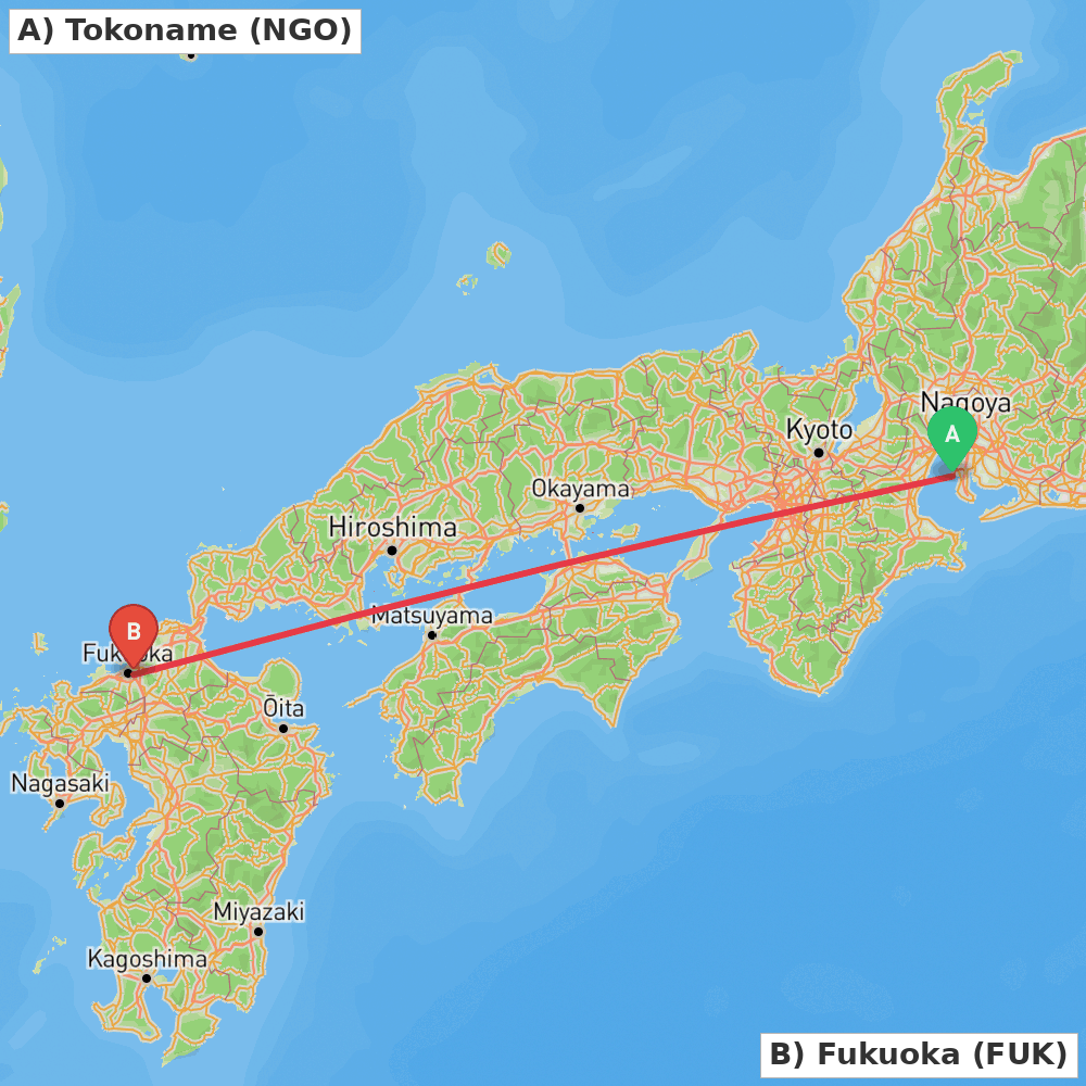 Flight route map from Tokoname to Fukuoka
