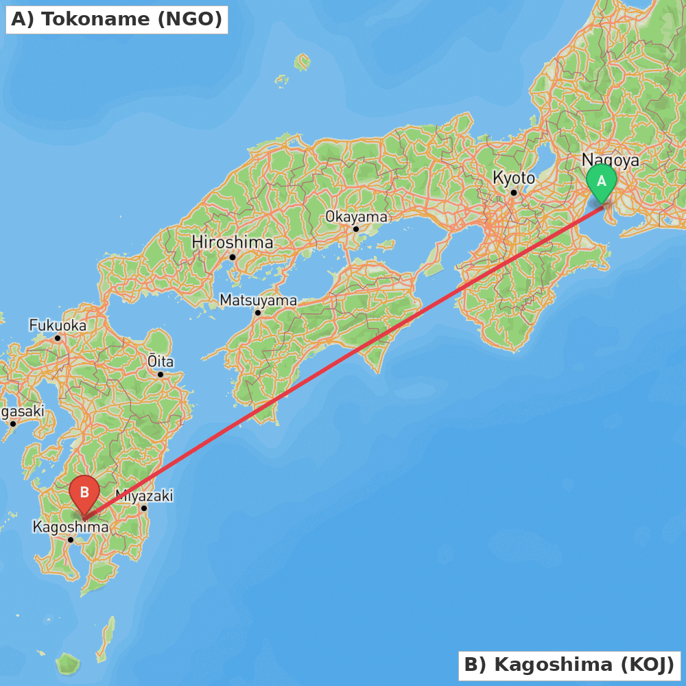 Flight route map from Tokoname to Kagoshima