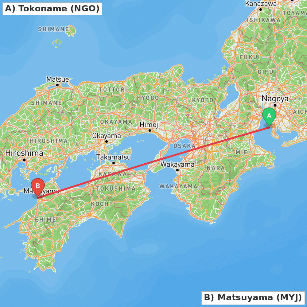 Flight route map from Tokoname to Matsuyama