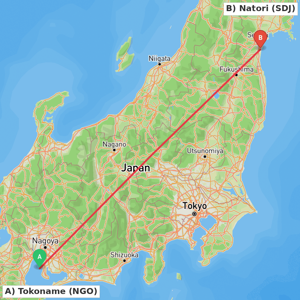 Flight route map from Tokoname to Natori