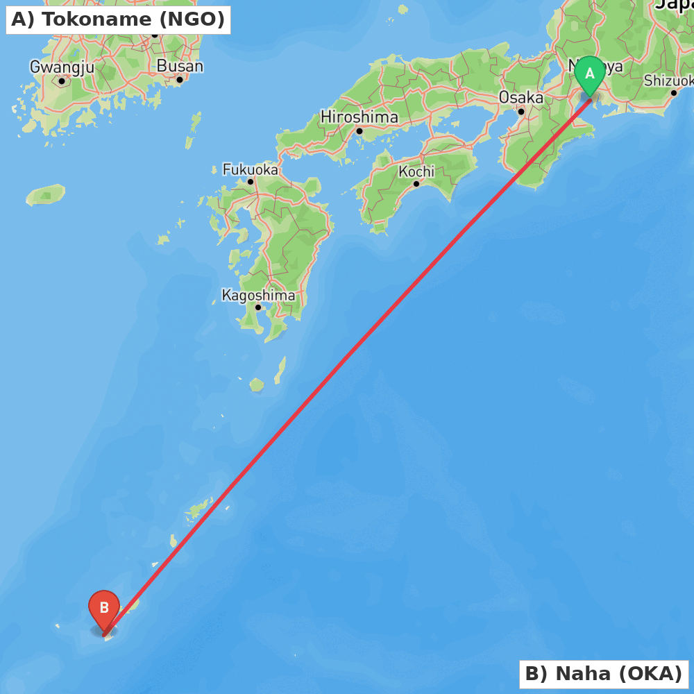 Flight route map from Tokoname to Naha