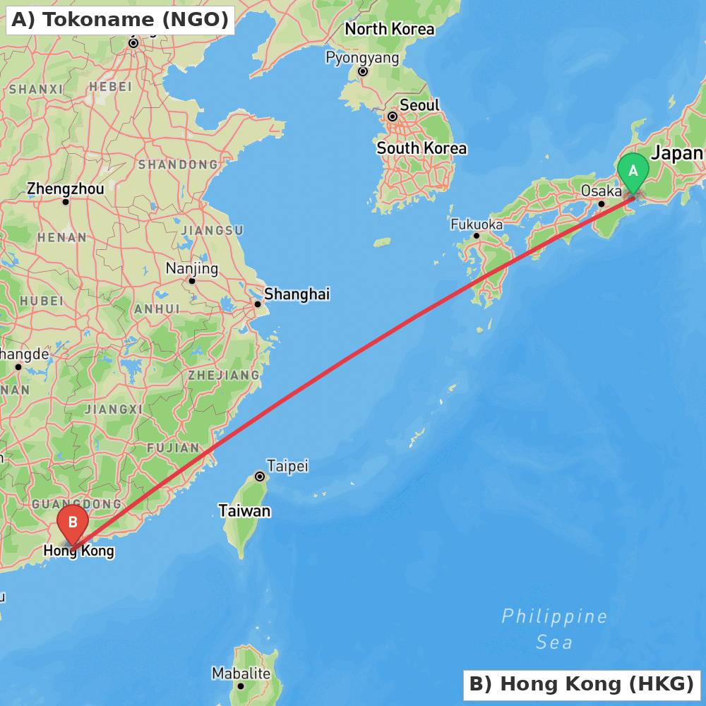 Flight route map from Tokoname to Hong Kong