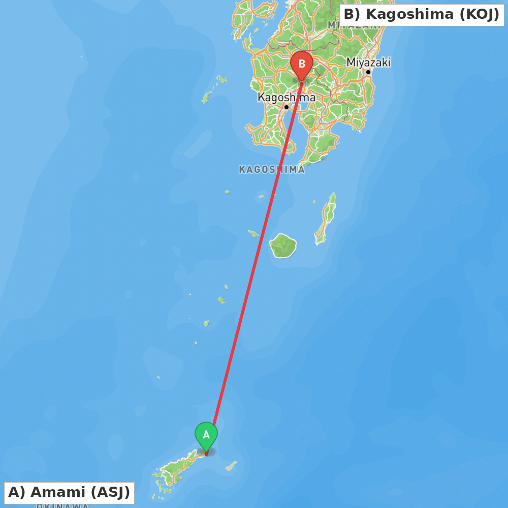 Flight route map from Amami to Kagoshima