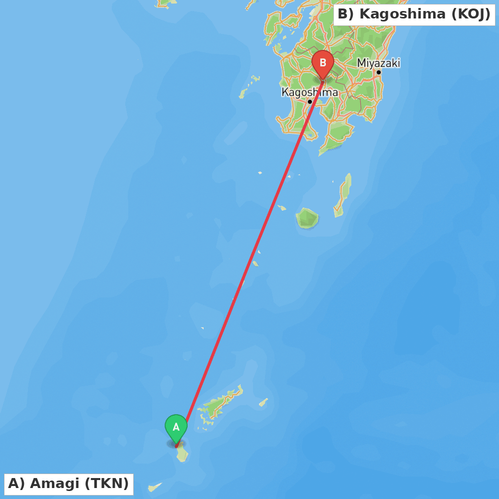 Flight route map from Amagi to Kagoshima
