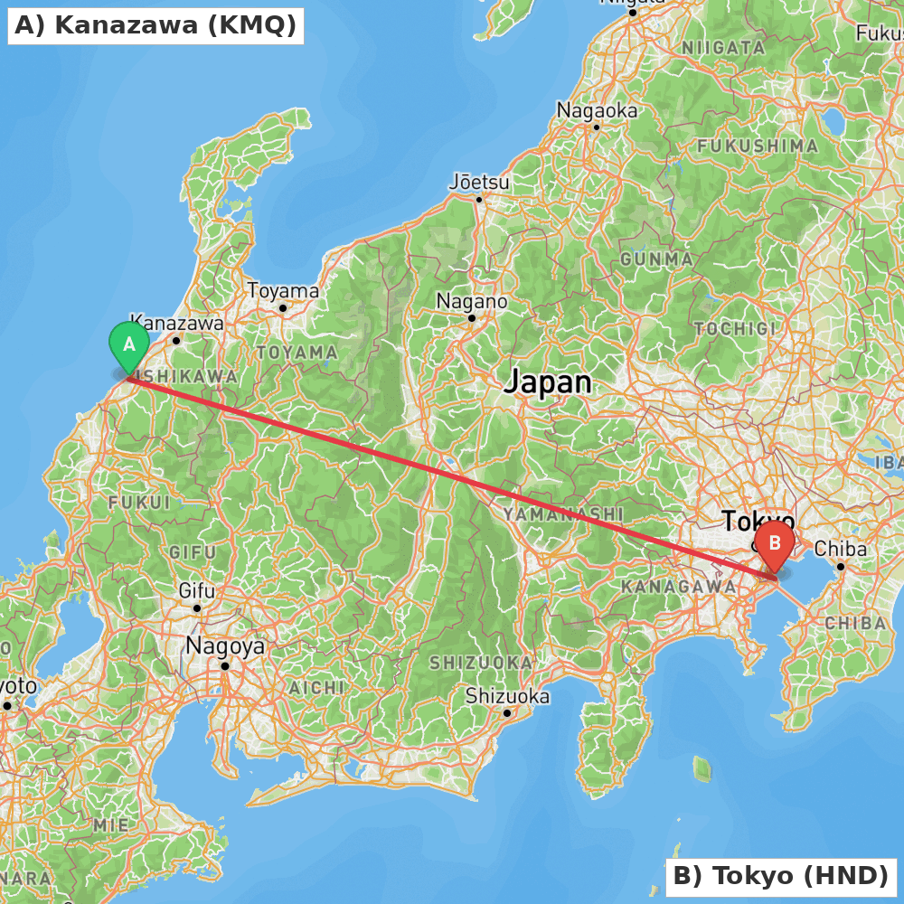Flight route map from Kanazawa to Tokyo