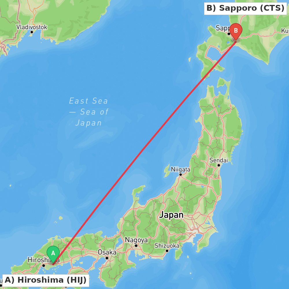 Flight route map from Hiroshima to Sapporo
