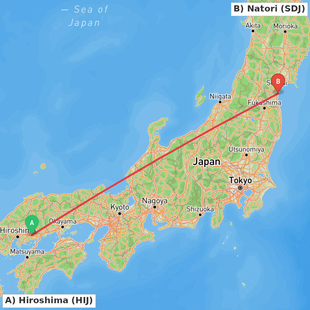 Flight route map from Hiroshima to Natori