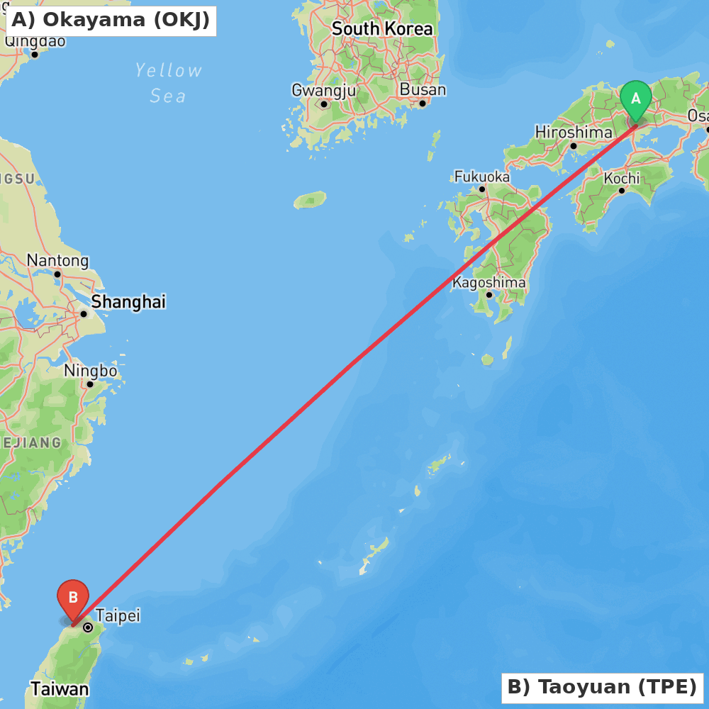 Flight route map from Okayama to Taoyuan