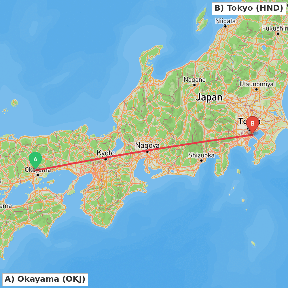 Flight route map from Okayama to Tokyo