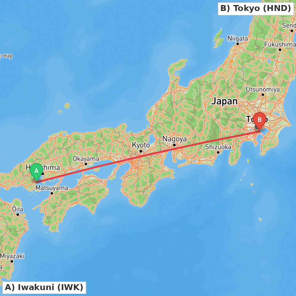 Flight route map from Iwakuni to Tokyo