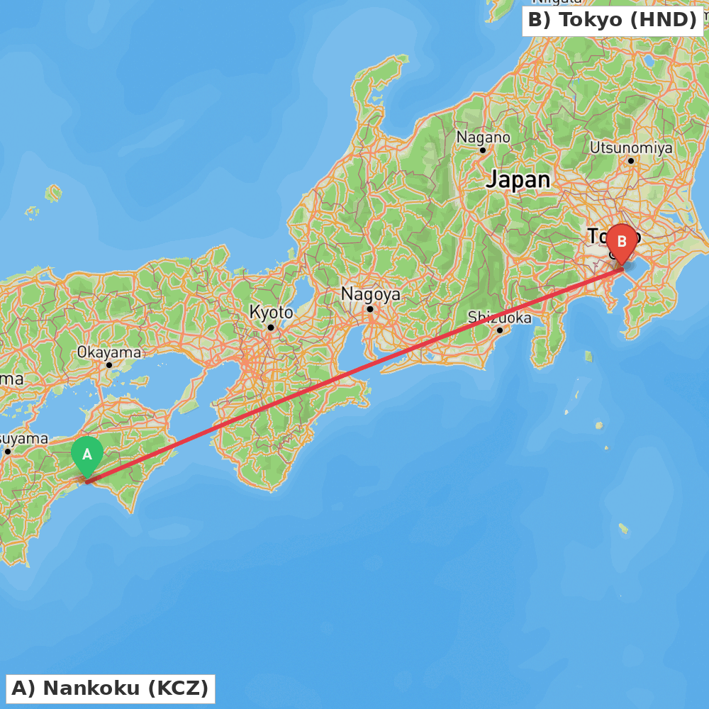 Flight route map from Nankoku to Tokyo