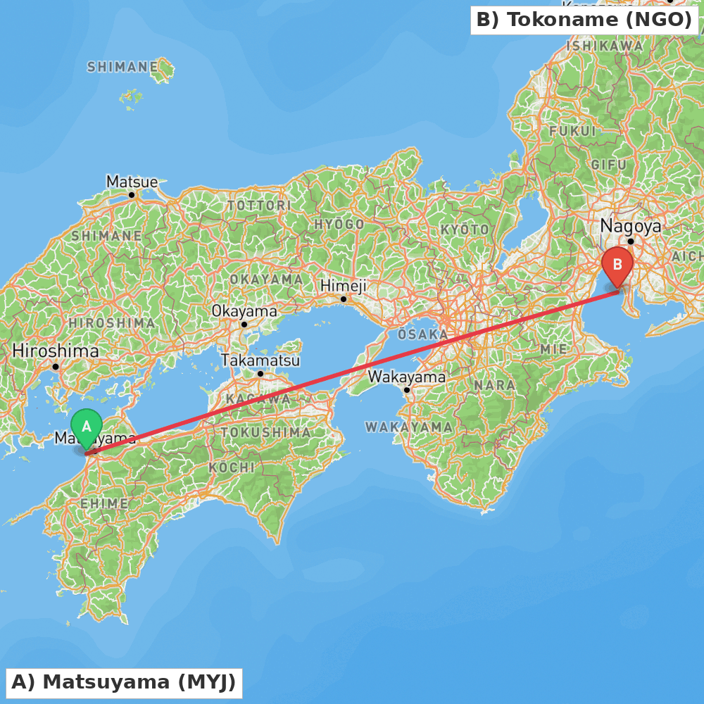 Flight route map from Matsuyama to Tokoname