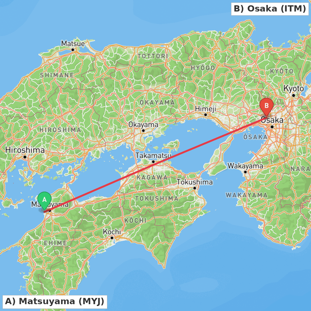 Flight route map from Matsuyama to Osaka