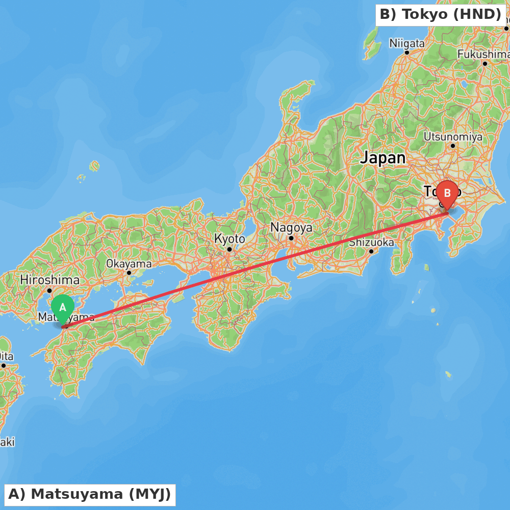 Flight route map from Matsuyama to Tokyo