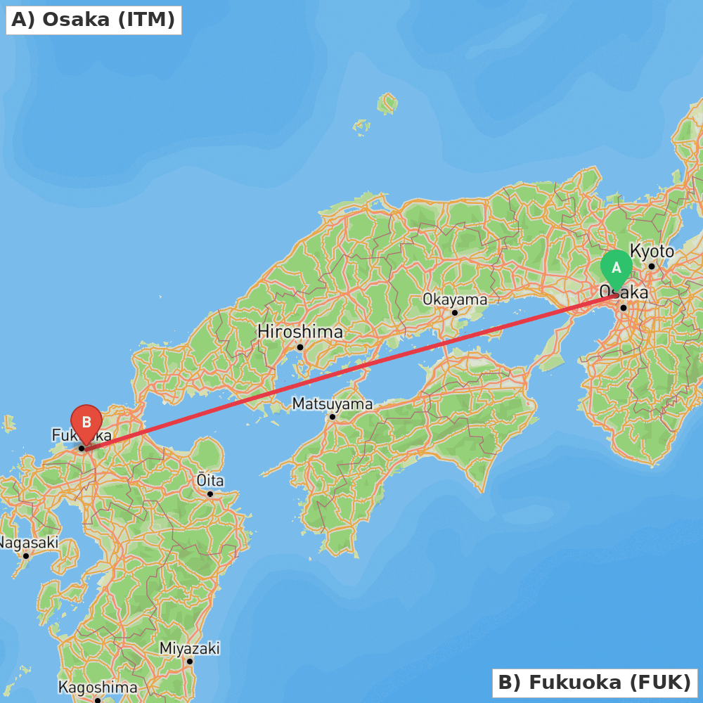 Flight route map from Osaka to Fukuoka