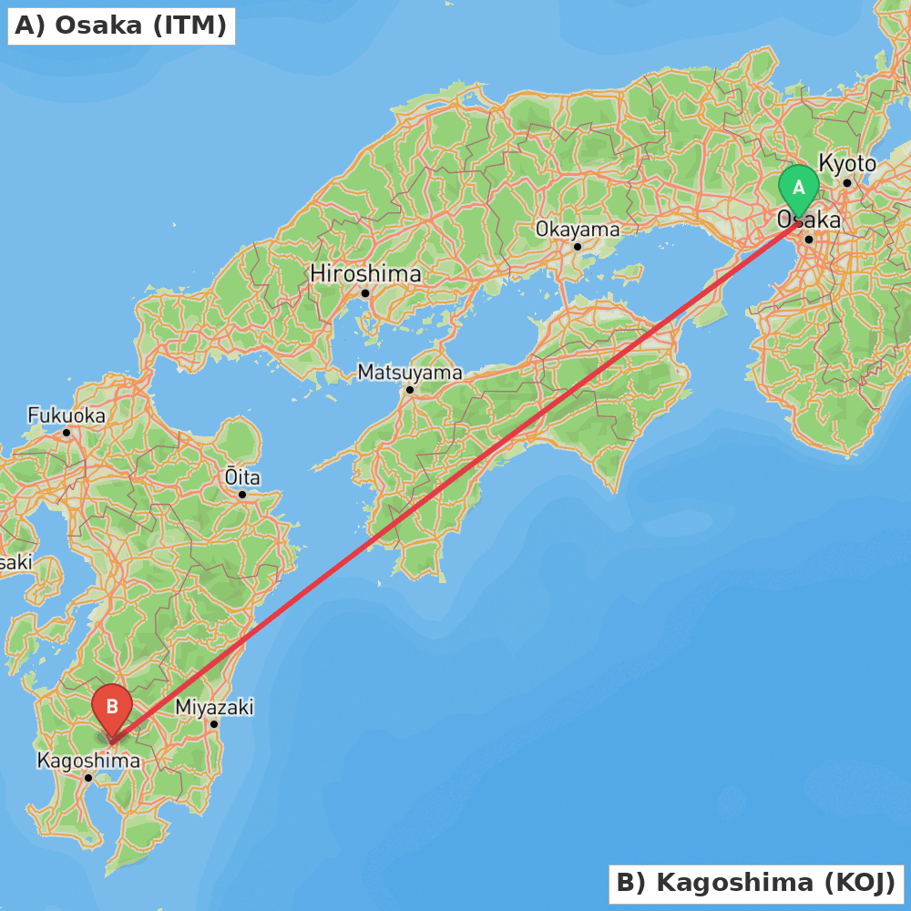 Flight route map from Osaka to Kagoshima