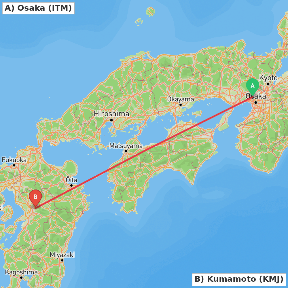 Flight route map from Osaka to Kumamoto