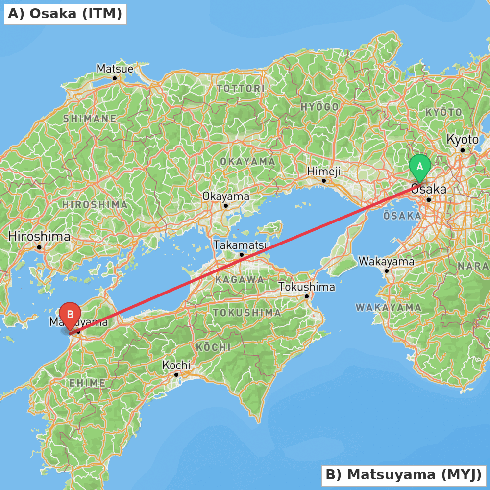 Flight route map from Osaka to Matsuyama