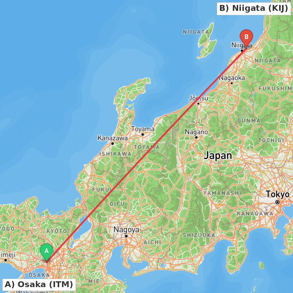 Flight route map from Osaka to Niigata