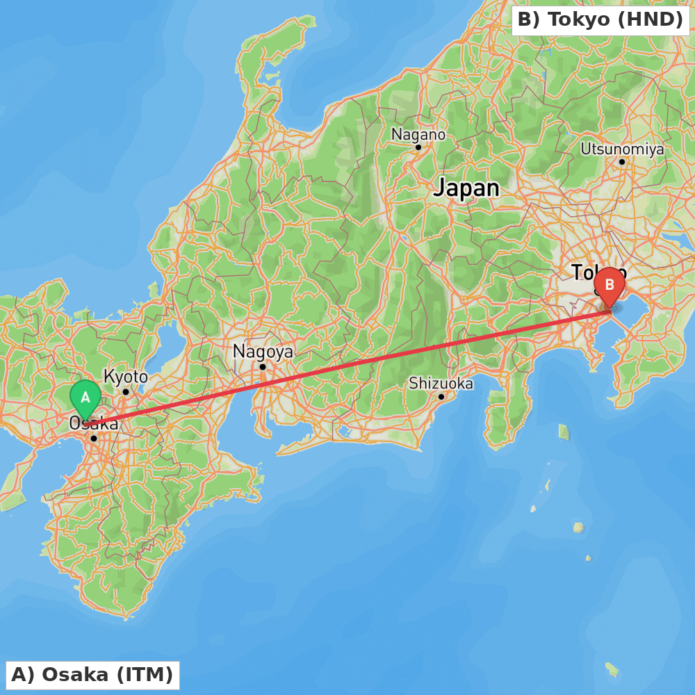 Flight route map from Osaka to Tokyo