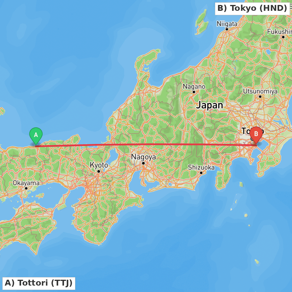 Flight route map from Tottori to Tokyo