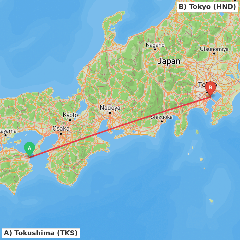 Flight route map from Tokushima to Tokyo