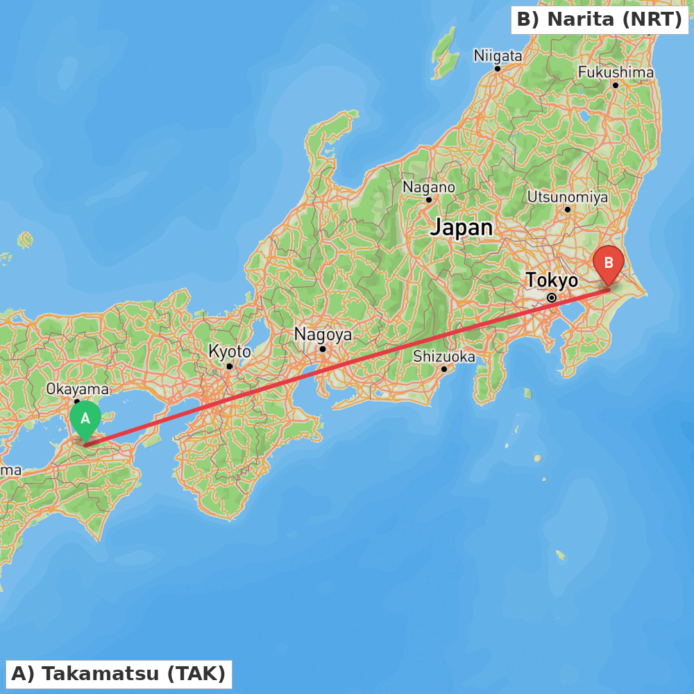 Flight route map from Takamatsu to Narita