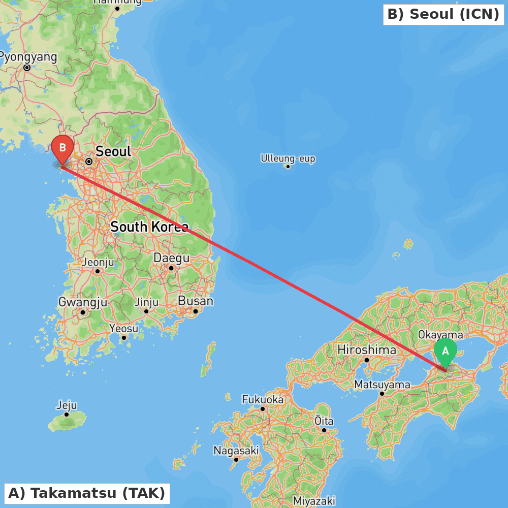 Flight route map from Takamatsu to Seoul